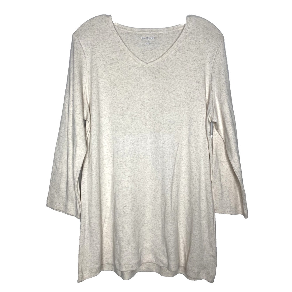 KIM ROGERS Top Women XL Oatmeal Heather Blouse 3/4 Sleeve V-Neck Tunic Tee Beige